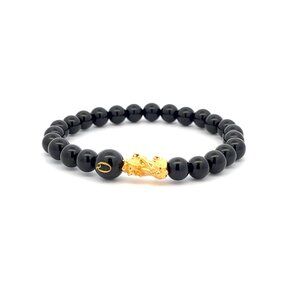 18K Gold Pixiu Piyao Bracelet Gemstones Onyx 6mm Elastic Bracelet Letter Q